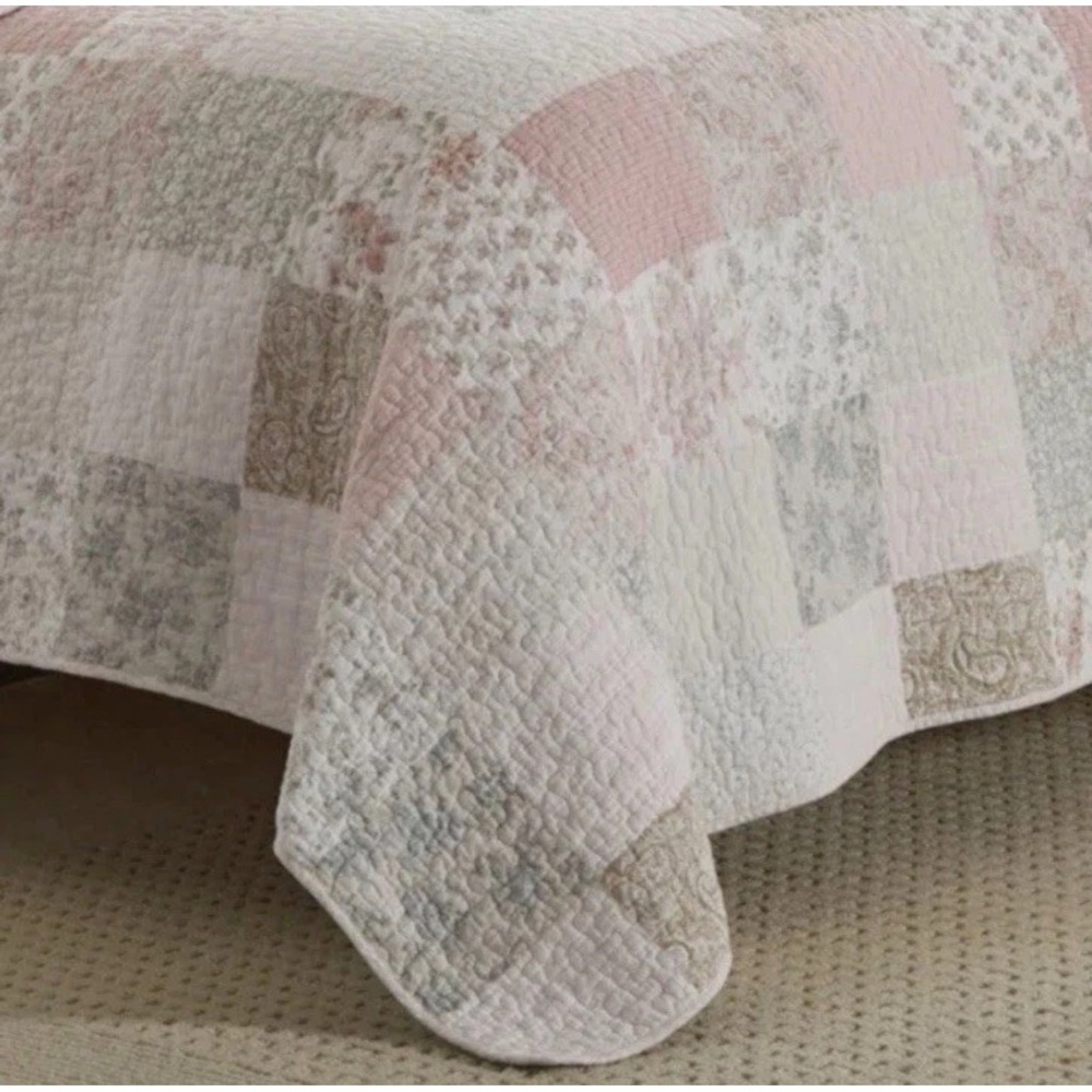 Laura Ashley Full/Queen PINK Patchwork Quilt Set Reversible 100% COTTON ~ 3Pc - Picture 6 of 7